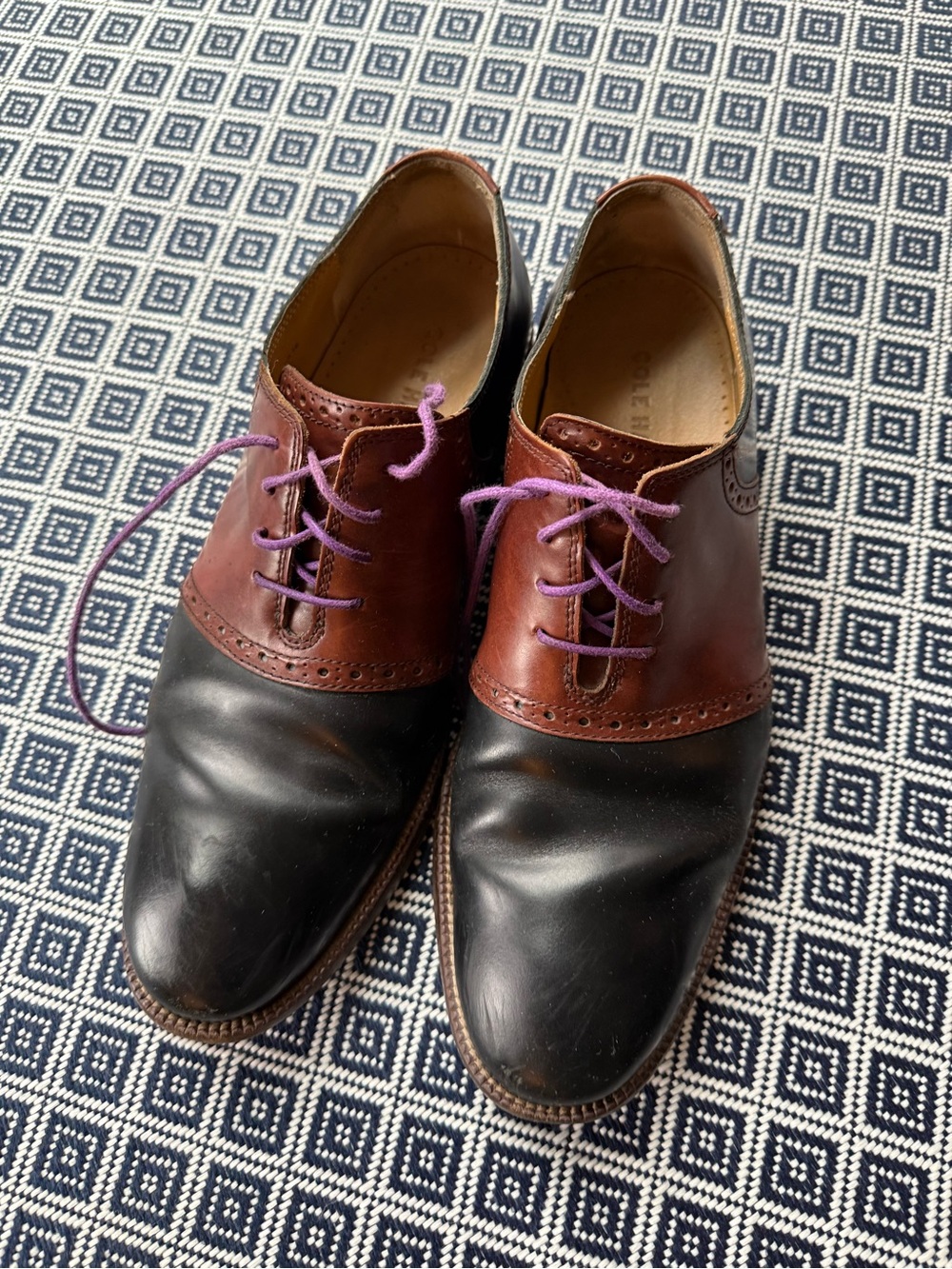 Cole Haan Two-Tone Leather Oxfords in Black and Brown with Purple Laces